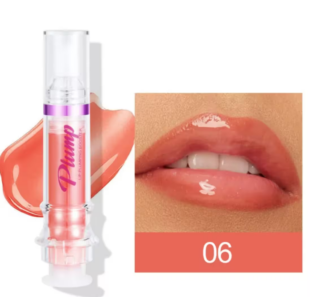 Lip gloss with applicator and close-up of lips wearing the product, showing color number 06.