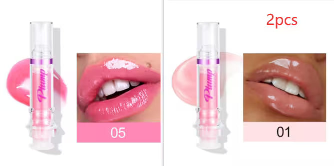 Two lip gloss products with close-up shots on lips, labeled '05' and '01'.