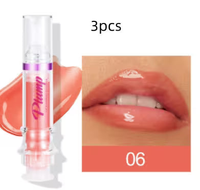 Lip gloss with packaging and a close-up of lips wearing the product.