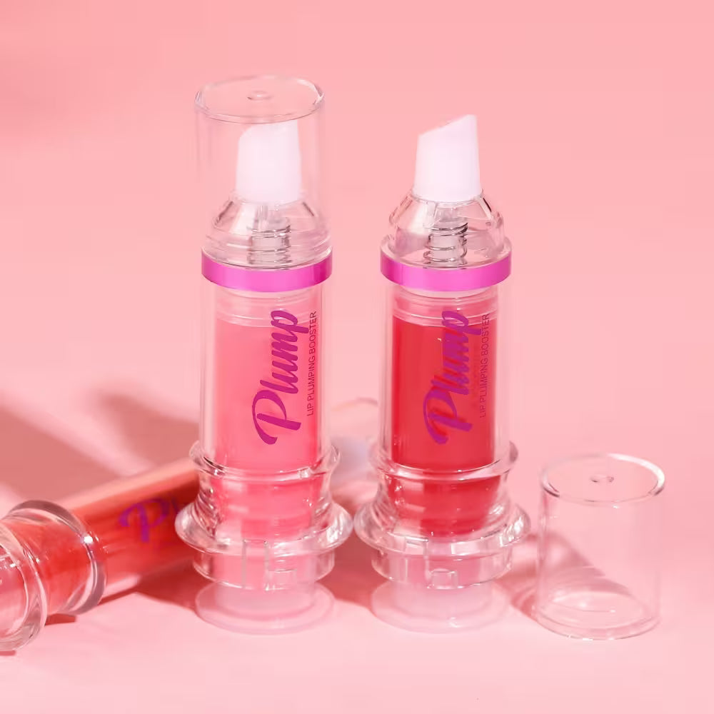 Pink lip plumping serum bottles with 'Plump' text on a pink background