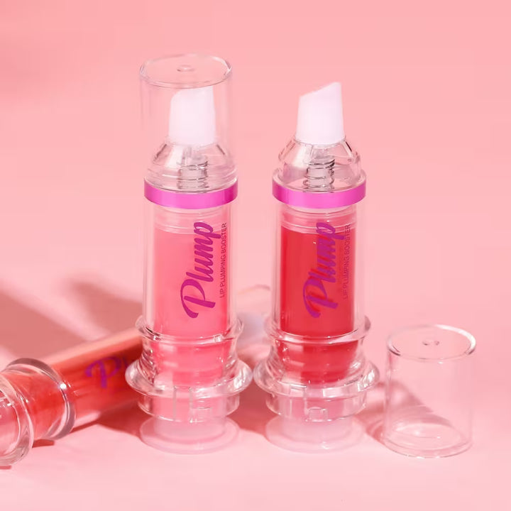 Pink lip plumping serum bottles with 'Plump' text on a pink background