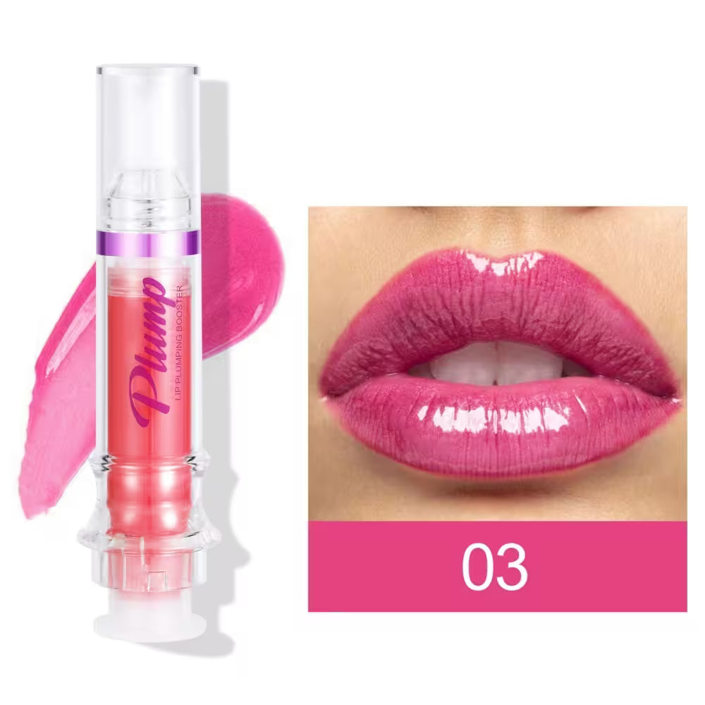 Lip gloss with a close-up of lips wearing the product, showing color number 03.