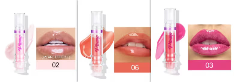 Lip gloss products with close-up shots of lips wearing the product.