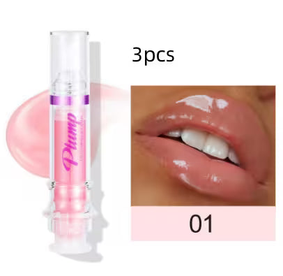 Pink lip gloss with packaging and a close-up of lips wearing the product.