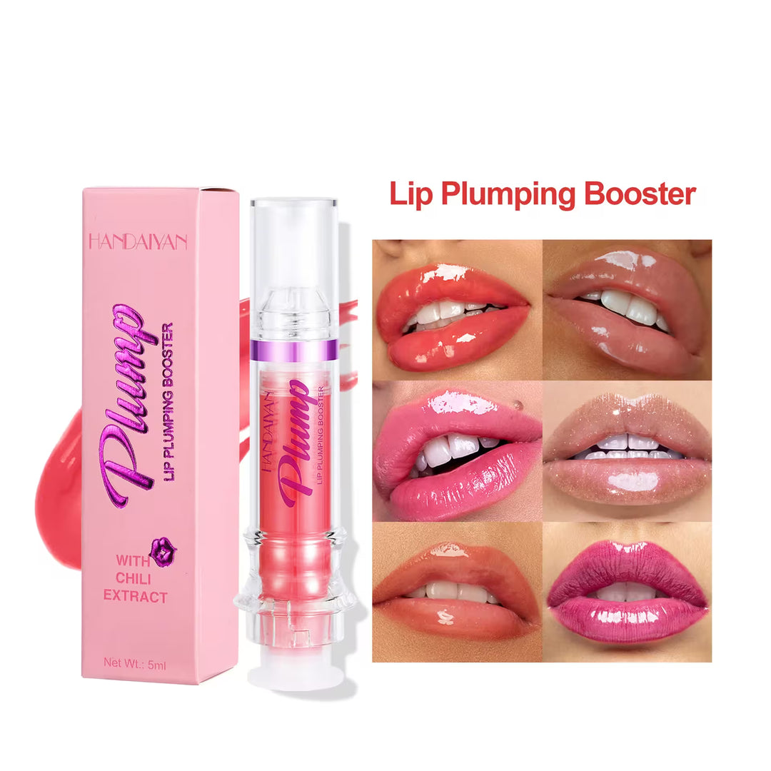 Lip plumping booster with packaging and before-and-after effects on lips.