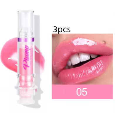 Pink lip gloss with 'Plump' text and a close-up of lips wearing the product.