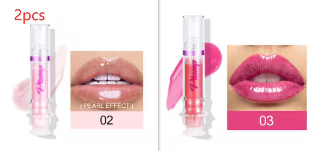 Two lip gloss products with application examples on lips, labeled 'Pearl Effect' and 'Pink'.