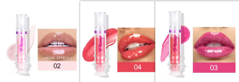 Lip gloss product with close-up shots on lips and packaging details.