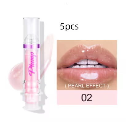 Pink lip gloss with 'Pump' branding and a close-up of lips wearing the product, labeled 'Pearl Effect'.