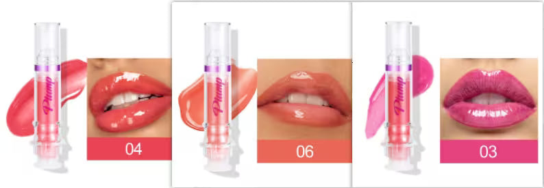 Lip gloss with close-up shots on lips and packaging