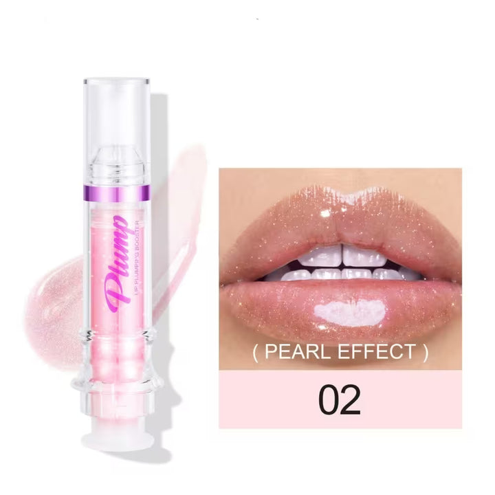 Pink lip gloss with 'Fama' branding and pearl effect on lips, on a white background.
