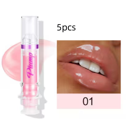 Pink lip balm with a close-up of lips wearing it on a white background