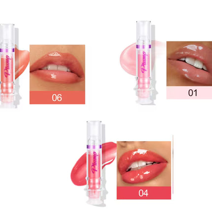 Lip gloss with application examples on lips and swatches.