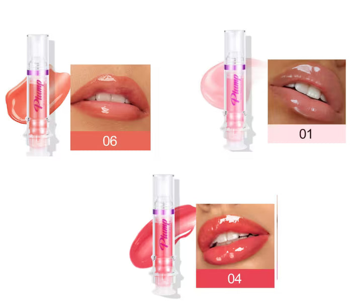 Lip gloss with application examples on lips and swatches.