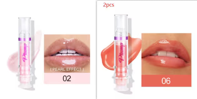 Lip gloss with pearl effect and coral color on lips, displayed with product packaging.