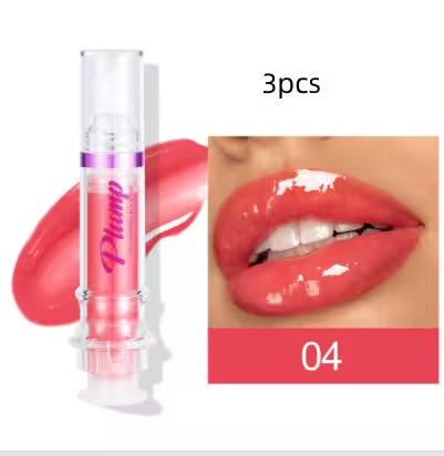 Pink lip gloss with clear cap and close-up of lips wearing the product.