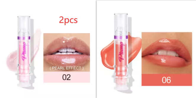 Two lip gloss products with close-up shots of lips wearing the gloss, labeled 'Pearl Effect' and '06'.