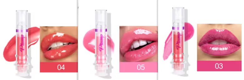 Lip gloss with close-up shots on lips and product packaging