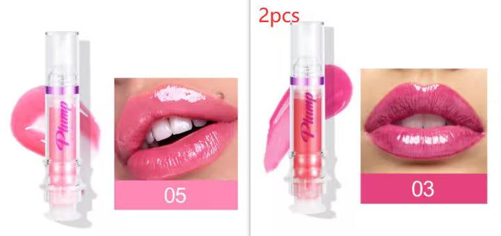 Pink lip gloss with application on lips and packaging details.