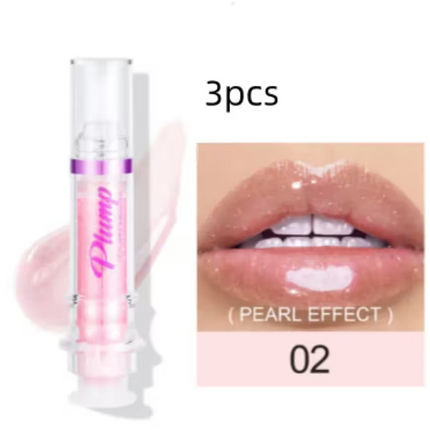 Lip gloss with packaging and a close-up of lips wearing the product, labeled 'Pearl Effect' and '02'.