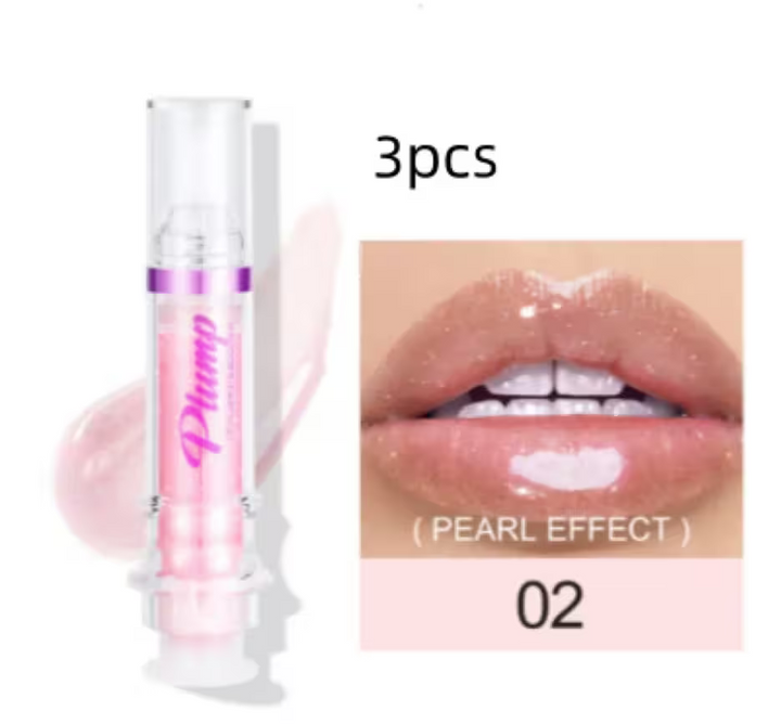 Lip gloss with packaging and a close-up of lips wearing the product, labeled 'Pearl Effect' and '02'.