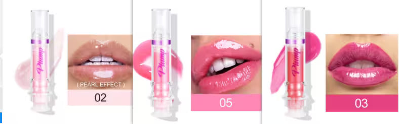 Lip gloss with application on lips and close-up of product