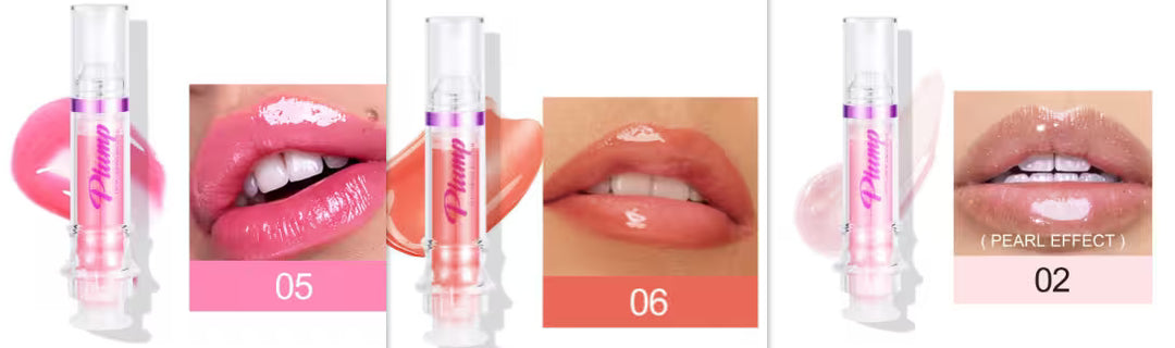Lip gloss with close-up shots on lips and product packaging.