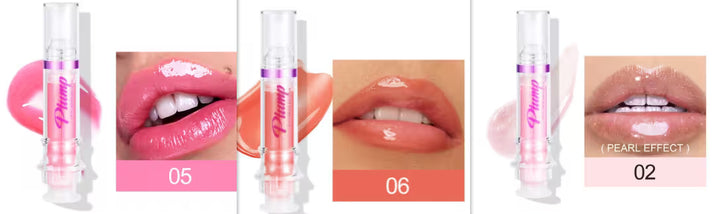 Lip gloss with close-up shots on lips and product packaging.