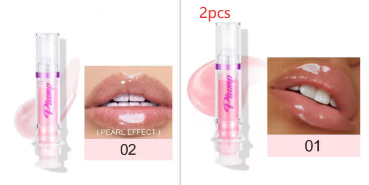 Two lip gloss products with pearl effect on lips and packaging.