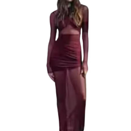 Maroon outfit with long sleeves and a skirt on a white background