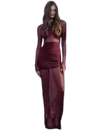 Maroon outfit with long sleeves and a skirt on a white background