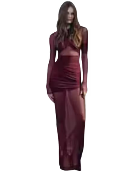 Maroon outfit with long sleeves and a skirt on a white background