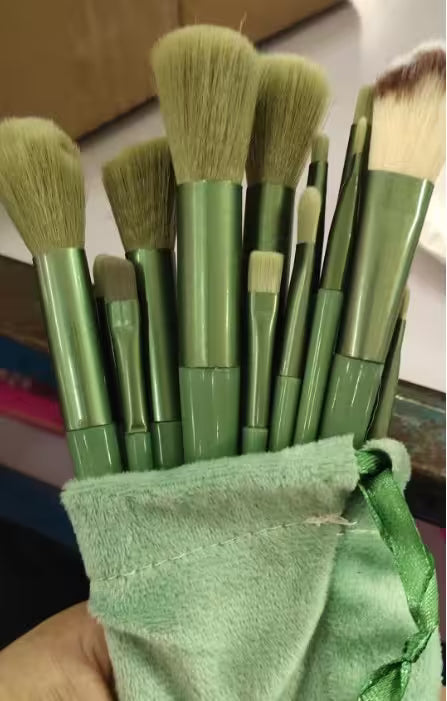 Set of makeup brushes in a green case held by a person.