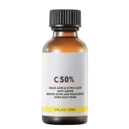 Bottle of skincare serum with label on a white background