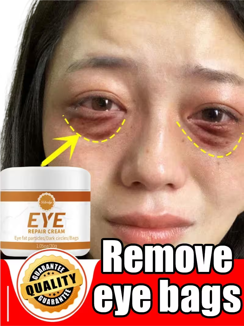 Eye cream advertisement with a close-up of a person's eye and text 'Remove eye bags'.