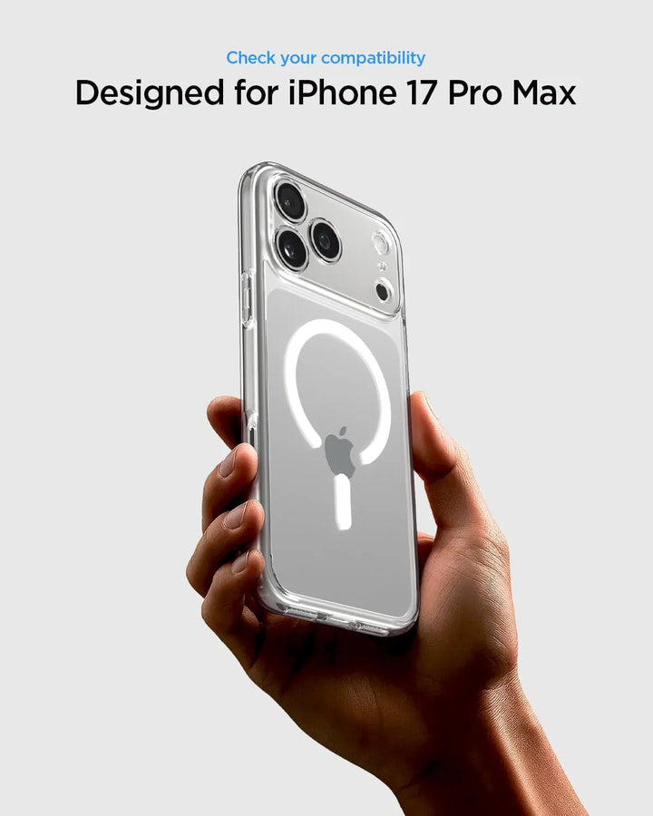 Hand holding a clear phone case designed for iPhone 17 Pro Max on a light gray background.