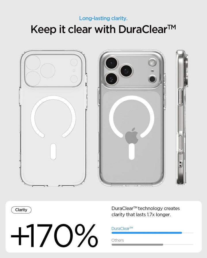 Clear phone case with DuraClear technology branding on a white background