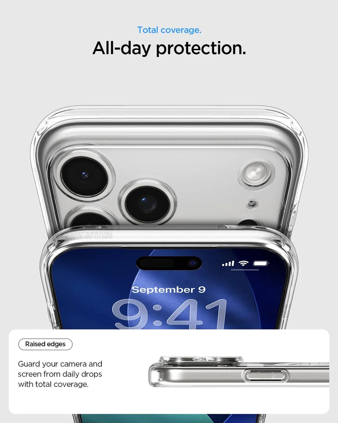 Smartphone with protective case on a gray background, emphasizing 'Total coverage' and 'All-day protection'.