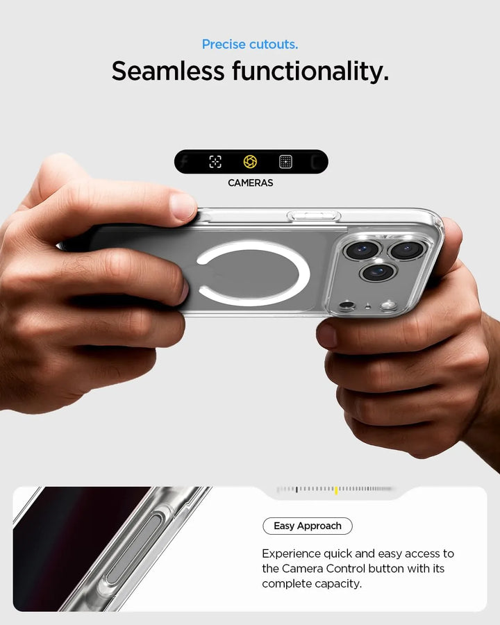 Person holding a phone with a camera case, emphasizing precise cutouts and seamless functionality.
