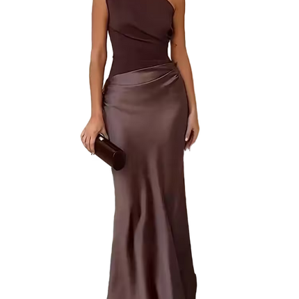 Woman wearing a one-shoulder brown evening gown on a white background