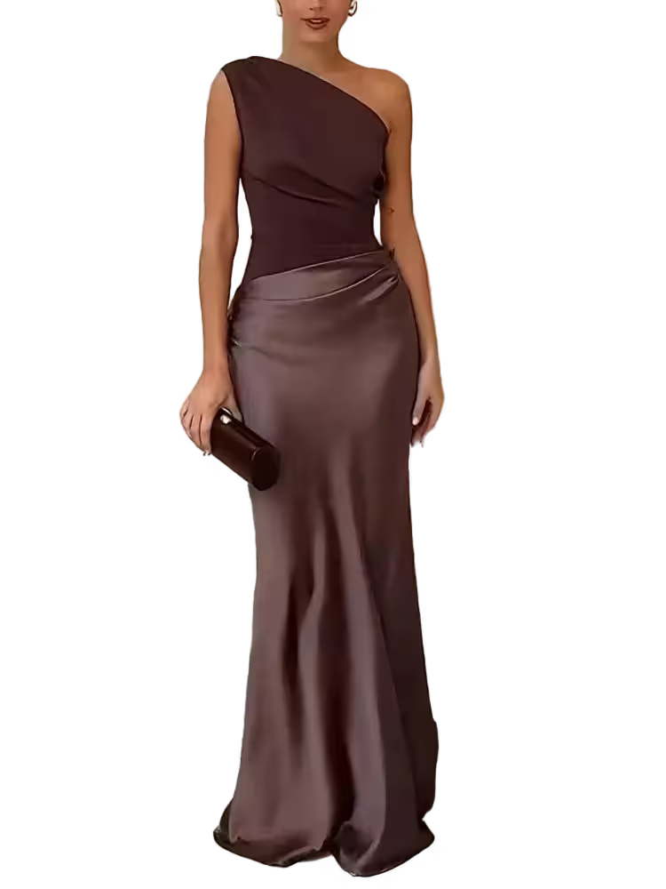 Woman wearing a one-shoulder brown evening gown on a white background