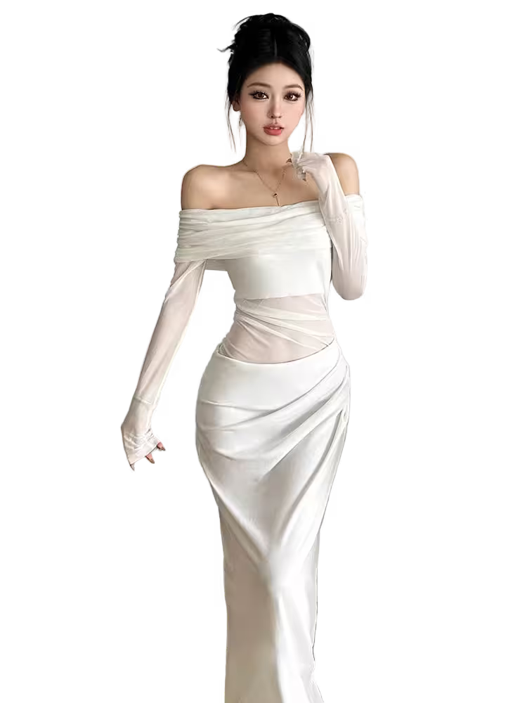 Woman wearing a white off-shoulder dress with long sleeves on a transparent background