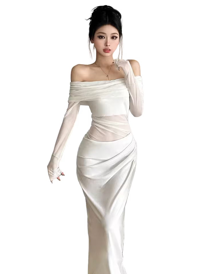 Woman wearing a white off-shoulder dress with long sleeves on a transparent background