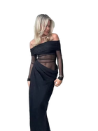 Woman wearing a black off-shoulder dress with sheer panels on a white background