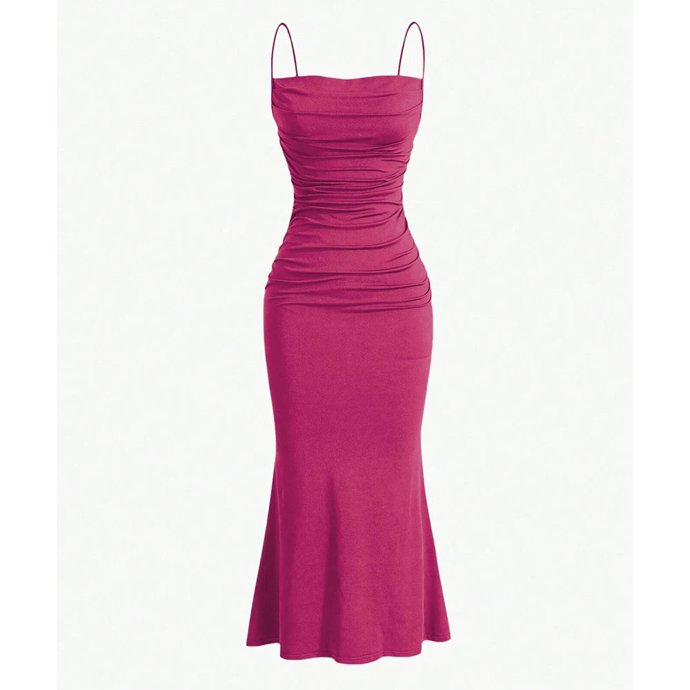 Fuchsia dress with thin straps on a white background