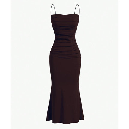 Brown evening gown with thin straps on a white background