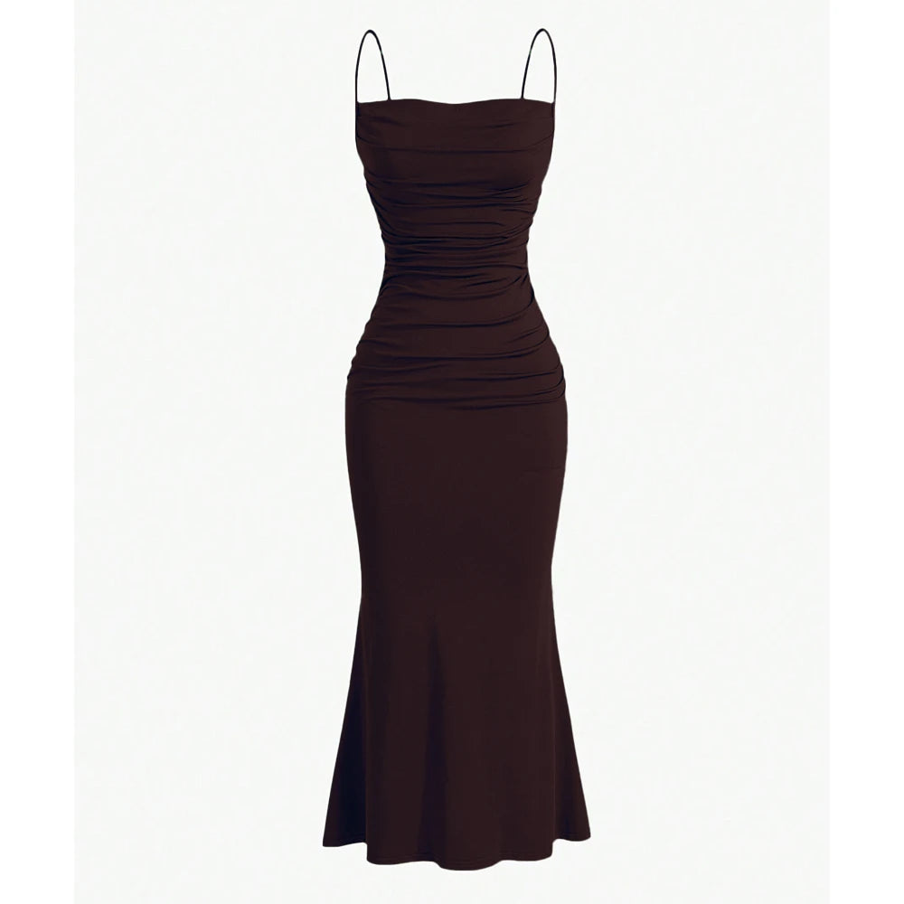 Brown evening gown with thin straps on a white background