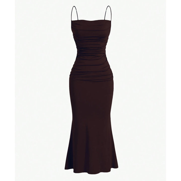 Brown evening gown with thin straps on a white background