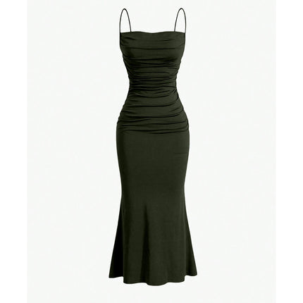 Green evening gown with thin straps on a white background