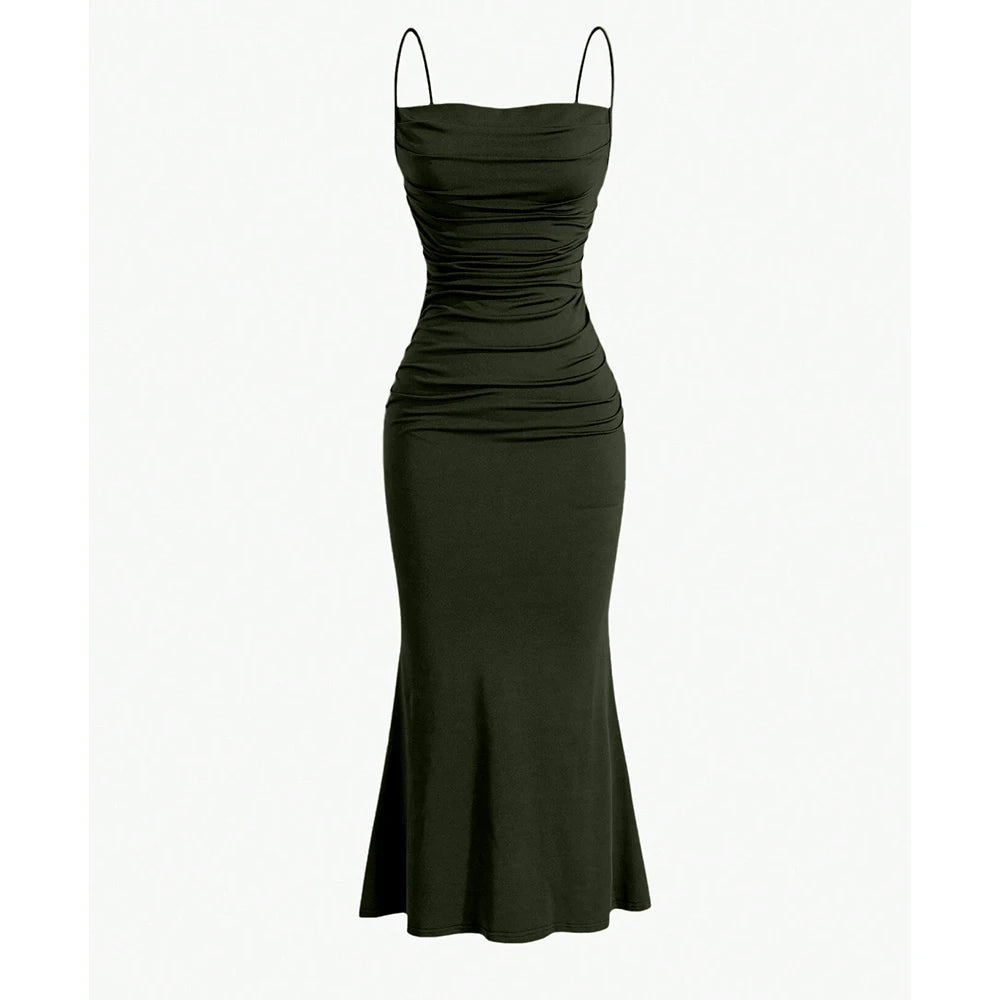 Green evening gown with thin straps on a white background
